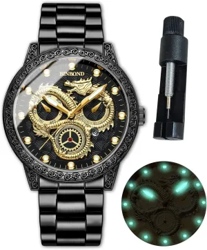 Gold Dragon Watches for Men Stainless Steel Luxury Dress Business Big Face Dial Date Men's Wrist Watch Gift Waterproof Luminous