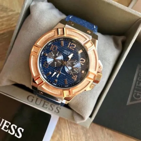 Guess Rigor Blue Dial Leather Strap Men's Watch W0040G6