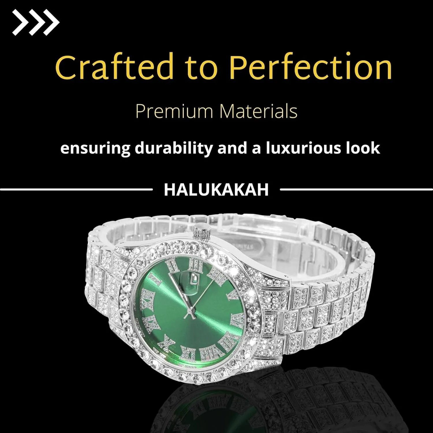 Halukakah Diamonds Watch Iced Out for Boy Teens - 18K Real Gold/Platinum Plated - 42mm Blue/Green/Red Dial - 8" Length - Optional with Cuban Link Chain, with Watch Adjuster Tool - Goldfoil Giftbox