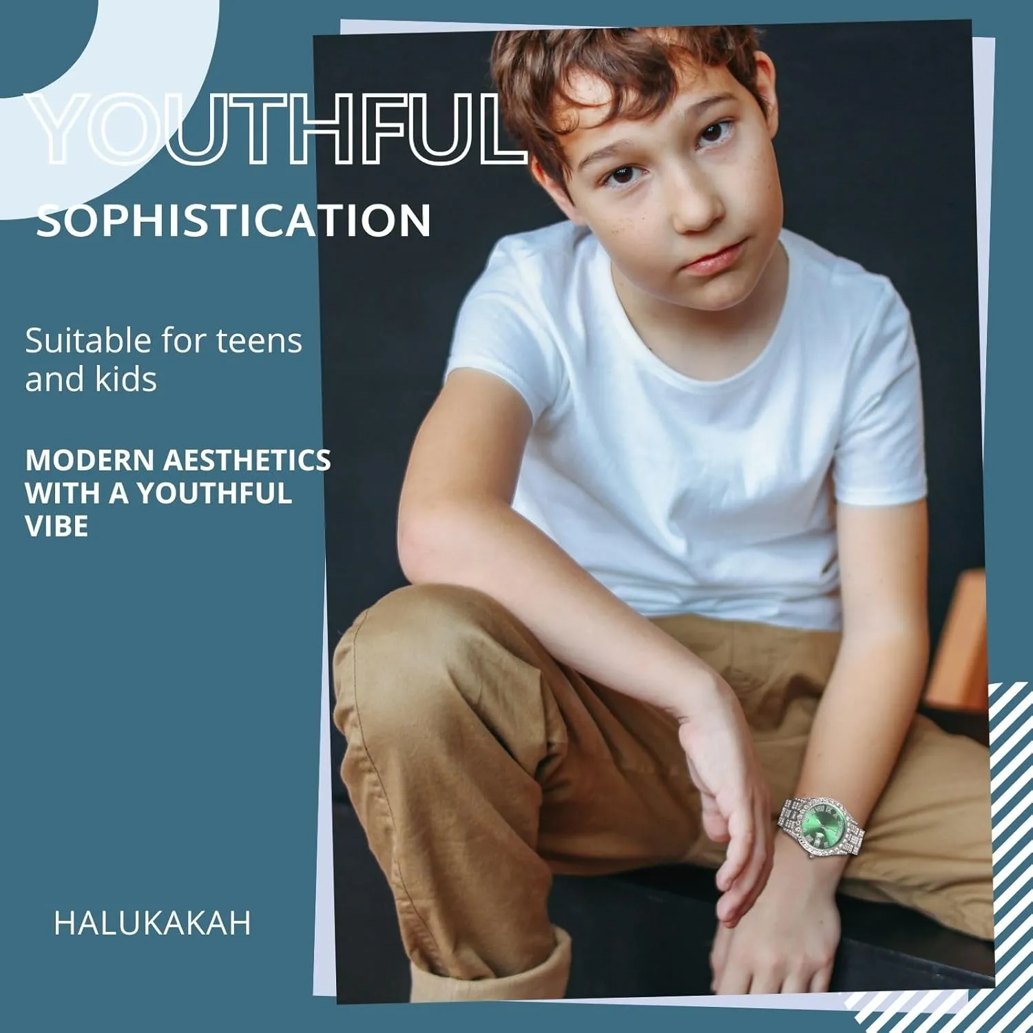 Halukakah Diamonds Watch Iced Out for Boy Teens - 18K Real Gold/Platinum Plated - 42mm Blue/Green/Red Dial - 8" Length - Optional with Cuban Link Chain, with Watch Adjuster Tool - Goldfoil Giftbox