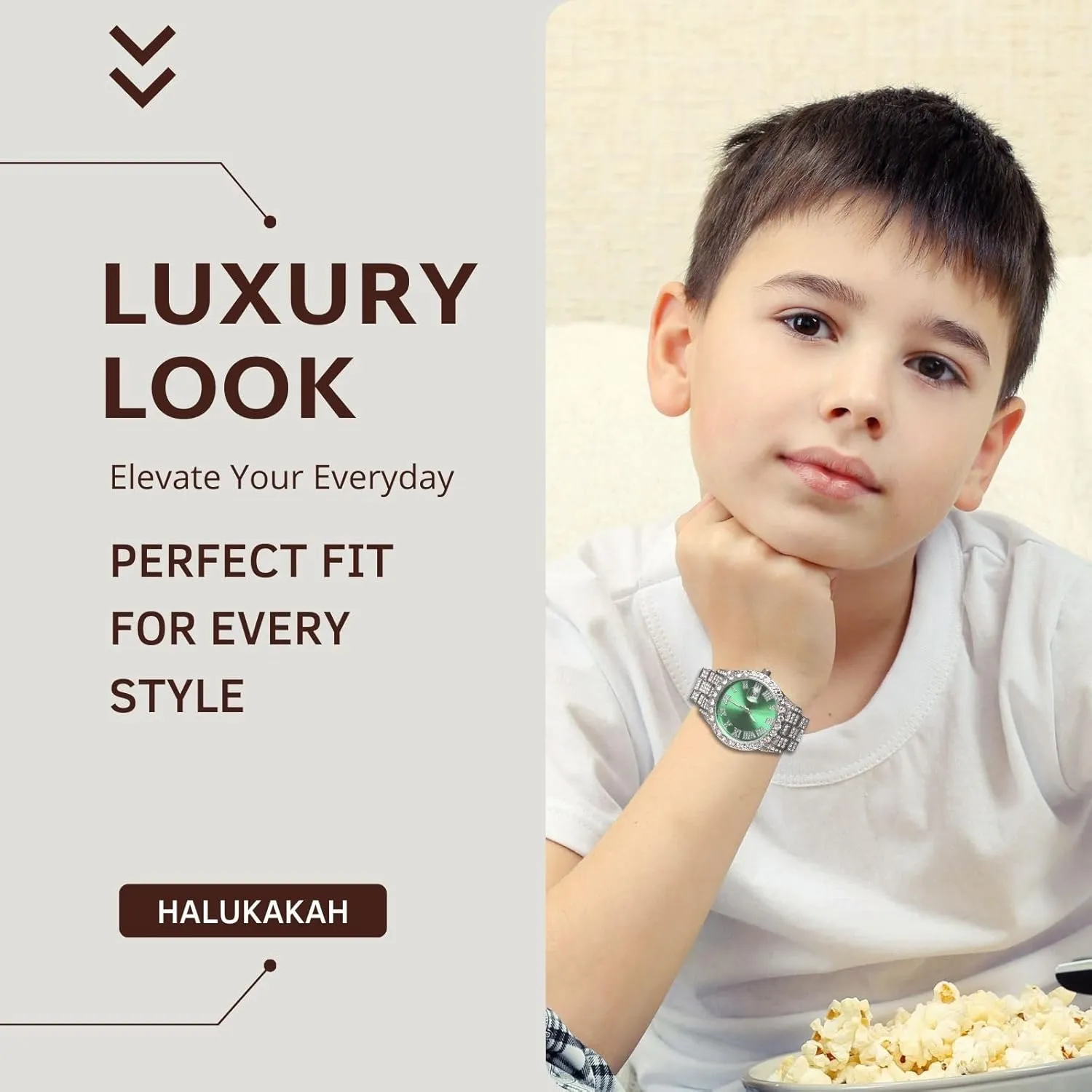Halukakah Diamonds Watch Iced Out for Boy Teens - 18K Real Gold/Platinum Plated - 42mm Blue/Green/Red Dial - 8" Length - Optional with Cuban Link Chain, with Watch Adjuster Tool - Goldfoil Giftbox