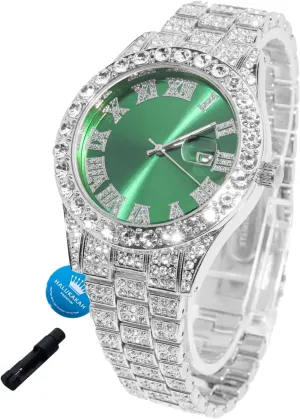 Halukakah Diamonds Watch Iced Out for Boy Teens - 18K Real Gold/Platinum Plated - 42mm Blue/Green/Red Dial - 8" Length - Optional with Cuban Link Chain, with Watch Adjuster Tool - Goldfoil Giftbox