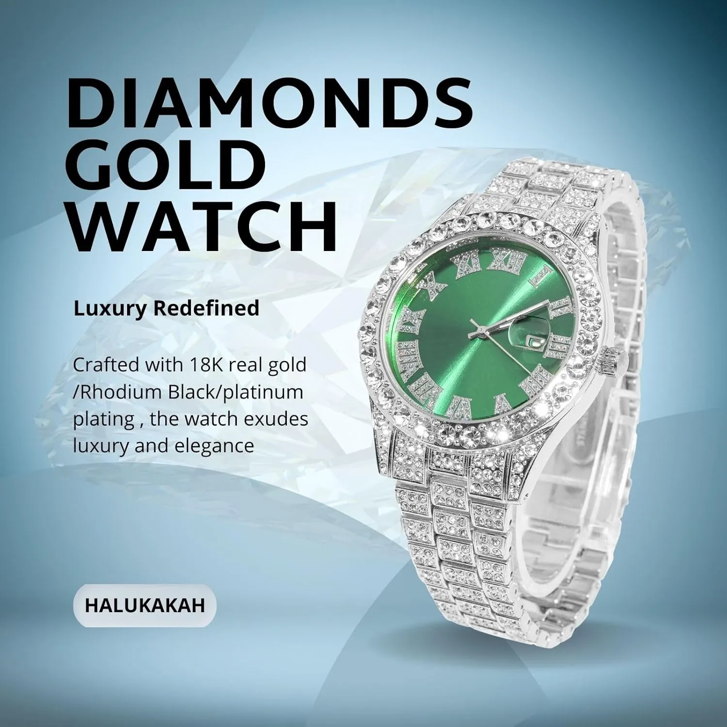 Halukakah Diamonds Watch Iced Out for Boy Teens - 18K Real Gold/Platinum Plated - 42mm Blue/Green/Red Dial - 8" Length - Optional with Cuban Link Chain, with Watch Adjuster Tool - Goldfoil Giftbox