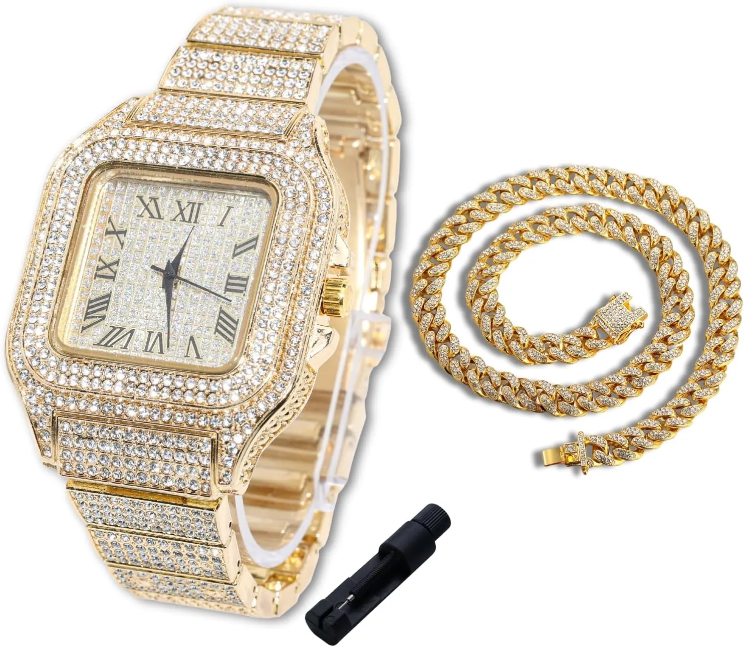 Halukakah Diamonds Watch Iced Out for Boy Teens Kids - 18K Real Gold/Platinum/Rhodium Black Plated,40mm Square Dial,Japanese Quartz - 8" Length - Optional with Cuban Link Chain,with Adjuster Tool