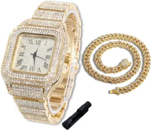 Halukakah Diamonds Watch Iced Out for Boy Teens Kids - 18K Real Gold/Platinum/Rhodium Black Plated,40mm Square Dial,Japanese Quartz - 8" Length - Optional with Cuban Link Chain,with Adjuster Tool