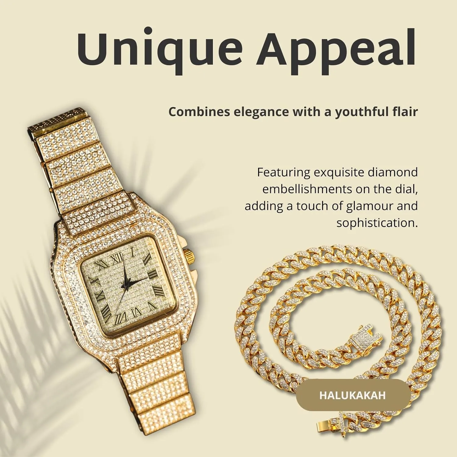 Halukakah Diamonds Watch Iced Out for Boy Teens Kids - 18K Real Gold/Platinum/Rhodium Black Plated,40mm Square Dial,Japanese Quartz - 8" Length - Optional with Cuban Link Chain,with Adjuster Tool