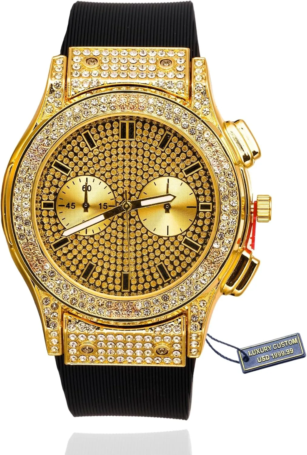 Halukakah Moissanite Diamond Gold Watch for Men,Luxury 18k Real Gold//Platinum White Gold Plated,Basic Waterproof,Fake Double Calendar Dial Iced Out,Adjustable Black Wristband,Giftbox Included,Luxury Gift for Son Grandson Dad Husband Boyfriend