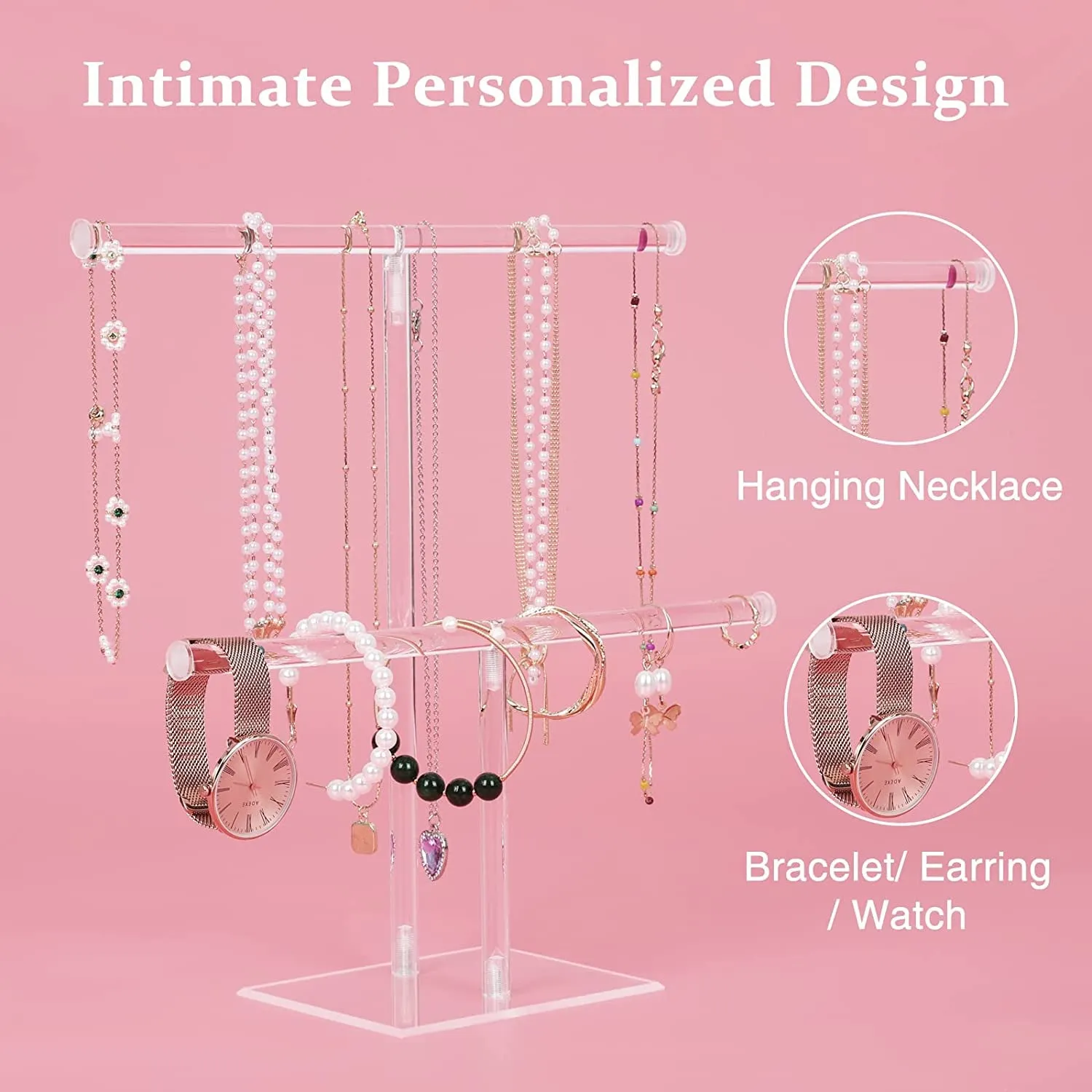 Jewelry Stand Necklace Holder, Acrylic Jewelry Display Holder, Necklace and Bracelet Hanging Organizer, Clear 2-Tier Tower Stand for Bangles, Necklaces, Bracelets, Rings, Earrings and Watch