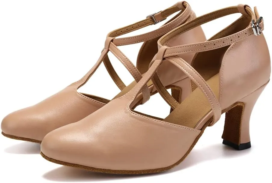 JUODVMP Women's Dance Shoes Leather Cross Strap Character Dance Shoes Ladies Modern Tango Salsa Heels
