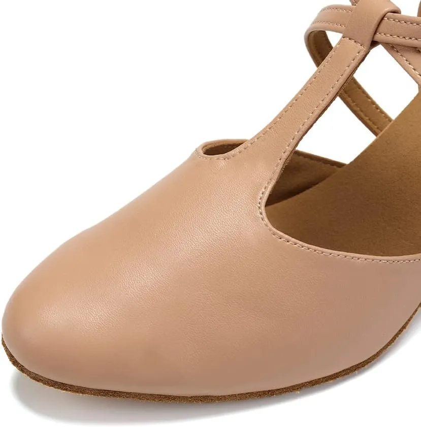 JUODVMP Women's Dance Shoes Leather Cross Strap Character Dance Shoes Ladies Modern Tango Salsa Heels