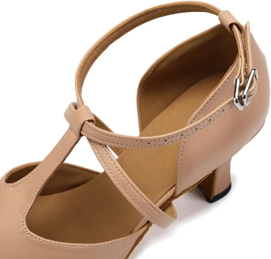 JUODVMP Women's Dance Shoes Leather Cross Strap Character Dance Shoes Ladies Modern Tango Salsa Heels