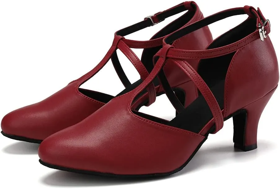 JUODVMP Women's Dance Shoes Leather Cross Strap Character Dance Shoes Ladies Modern Tango Salsa Heels