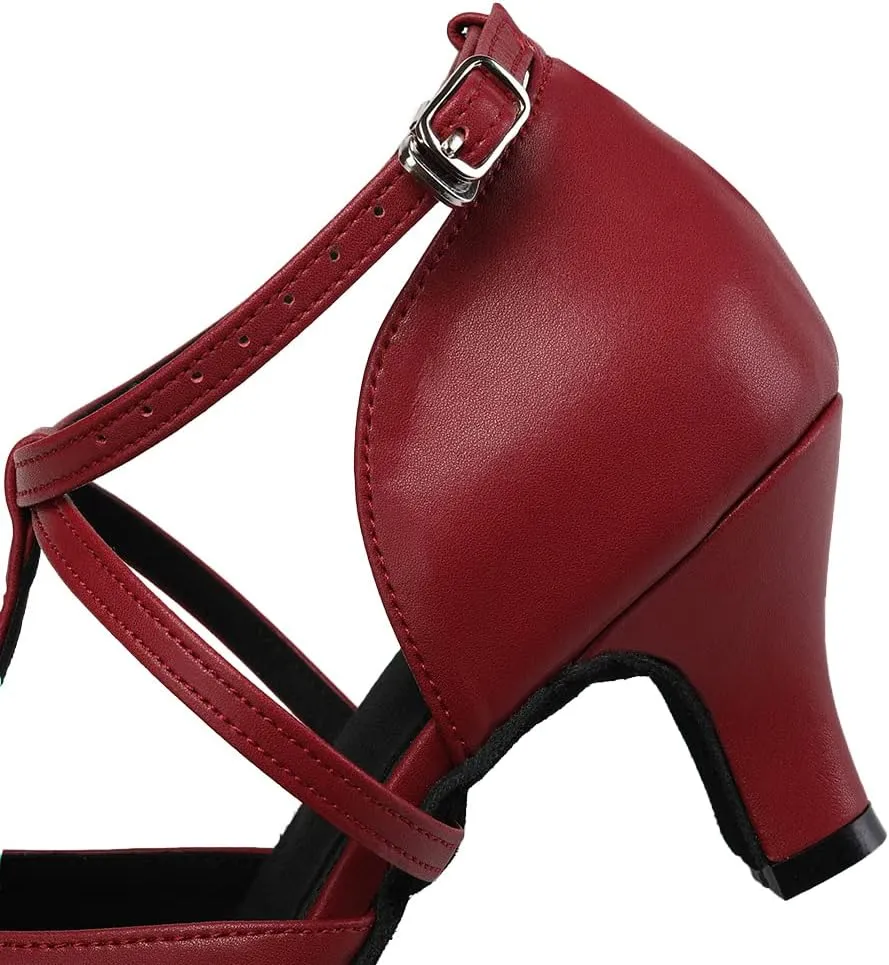 JUODVMP Women's Dance Shoes Leather Cross Strap Character Dance Shoes Ladies Modern Tango Salsa Heels