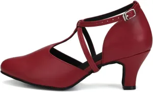 JUODVMP Women's Dance Shoes Leather Cross Strap Character Dance Shoes Ladies Modern Tango Salsa Heels