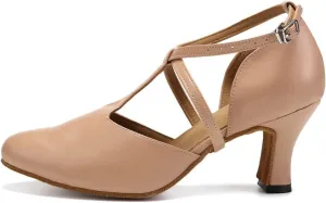 JUODVMP Women's Dance Shoes Leather Cross Strap Character Dance Shoes Ladies Modern Tango Salsa Heels