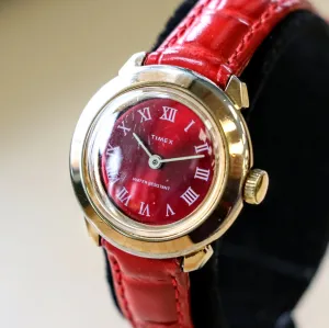 Ladies TIMEX Mechanical Watch Red Dial Vintage Wristwatch 26mm Water Resistant