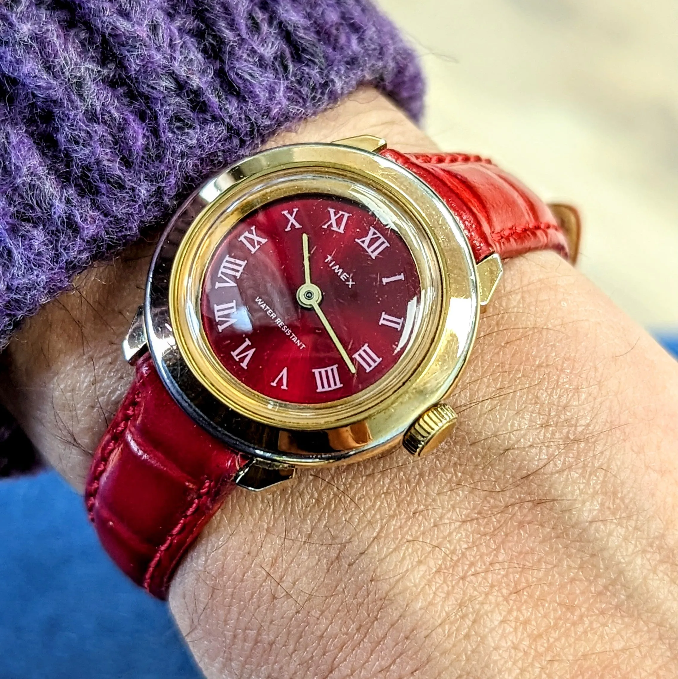 Ladies TIMEX Mechanical Watch Red Dial Vintage Wristwatch 26mm Water Resistant