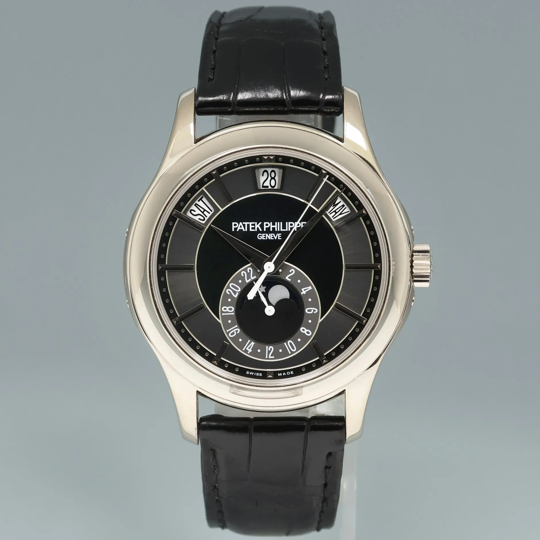 MINT 2015 PAPERS Patek Philippe 5205G White Gold Annual Calendar Moonphase Black Watch