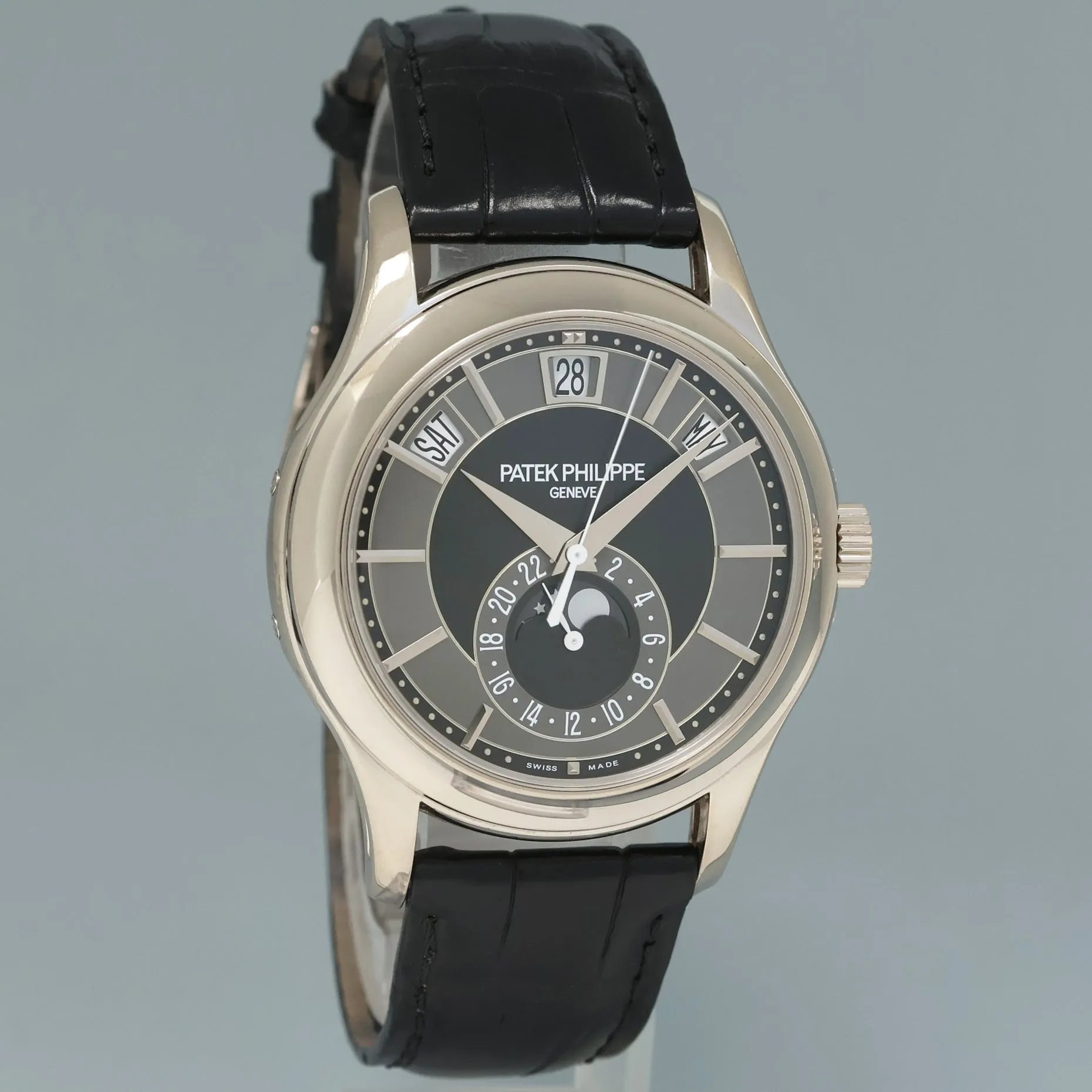 MINT 2015 PAPERS Patek Philippe 5205G White Gold Annual Calendar Moonphase Black Watch