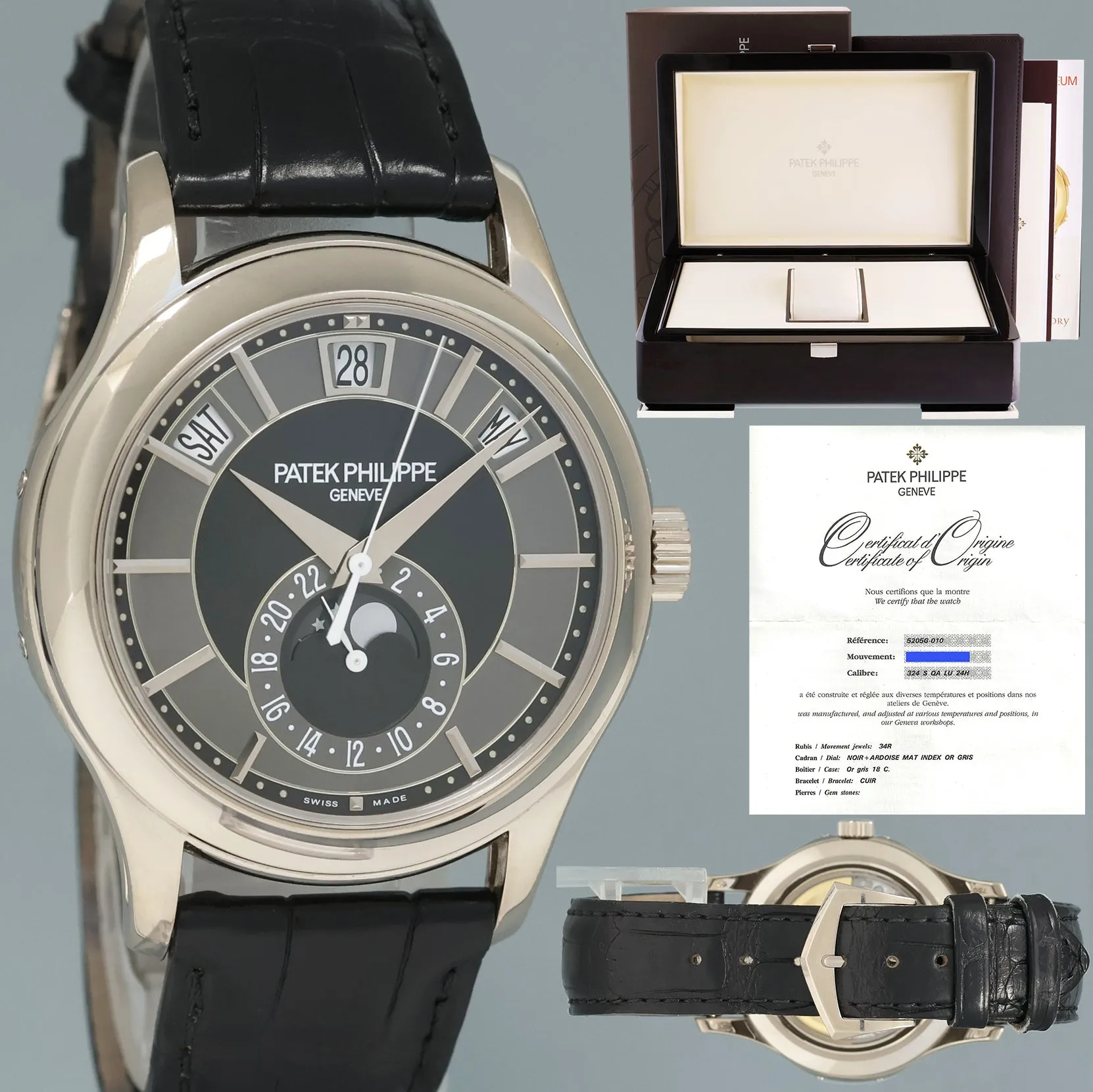 MINT 2015 PAPERS Patek Philippe 5205G White Gold Annual Calendar Moonphase Black Watch