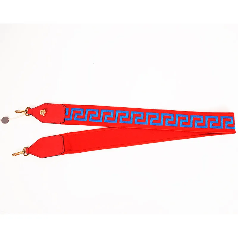 NEW $495 VERSACE Red Nylon Leather LOGO BLUE GRECA Embroidered Medusa BAG STRAP