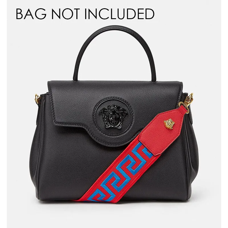 NEW $495 VERSACE Red Nylon Leather LOGO BLUE GRECA Embroidered Medusa BAG STRAP