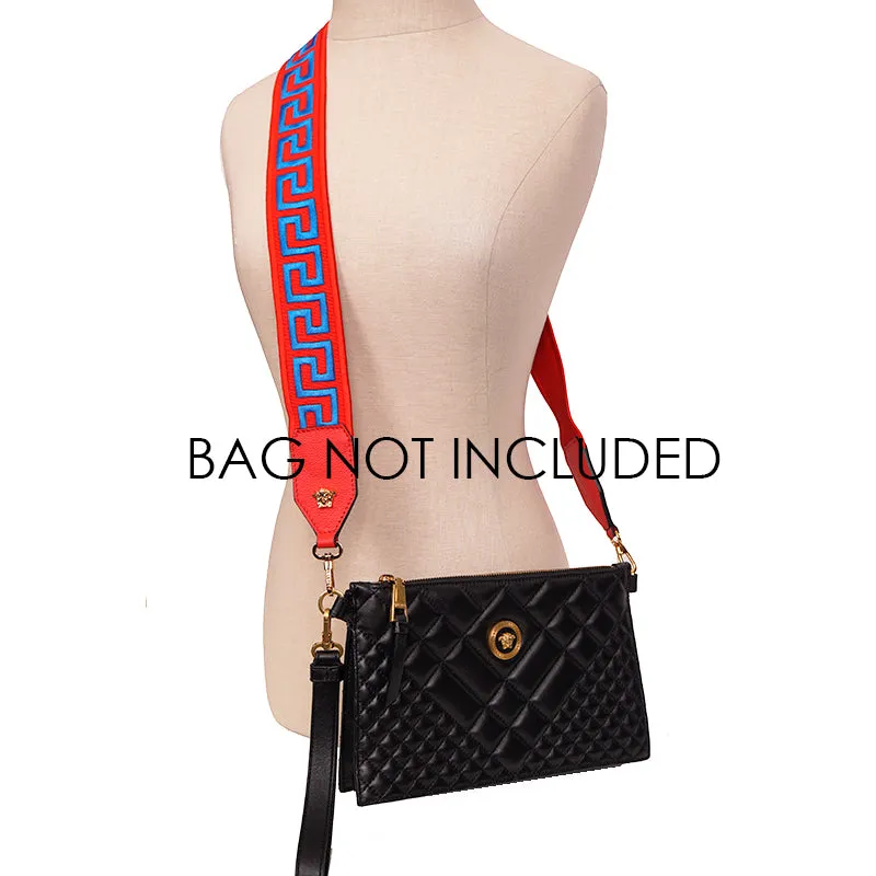 NEW $495 VERSACE Red Nylon Leather LOGO BLUE GRECA Embroidered Medusa BAG STRAP