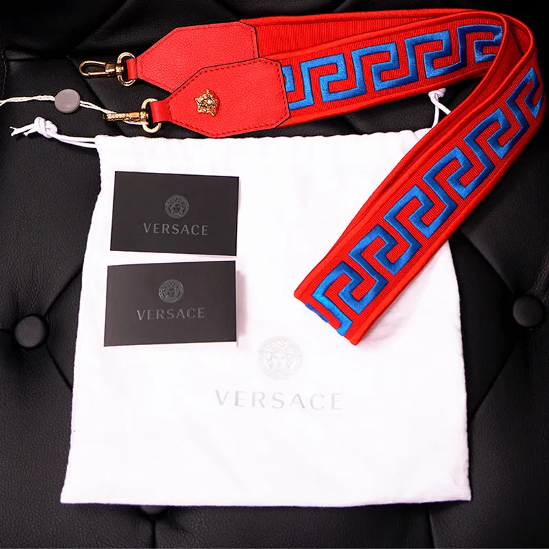 NEW $495 VERSACE Red Nylon Leather LOGO BLUE GRECA Embroidered Medusa BAG STRAP