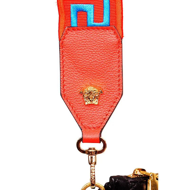 NEW $495 VERSACE Red Nylon Leather LOGO BLUE GRECA Embroidered Medusa BAG STRAP