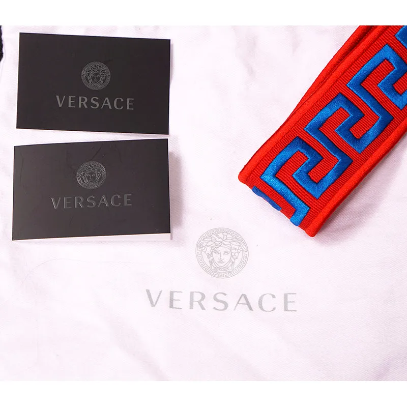 NEW $495 VERSACE Red Nylon Leather LOGO BLUE GRECA Embroidered Medusa BAG STRAP