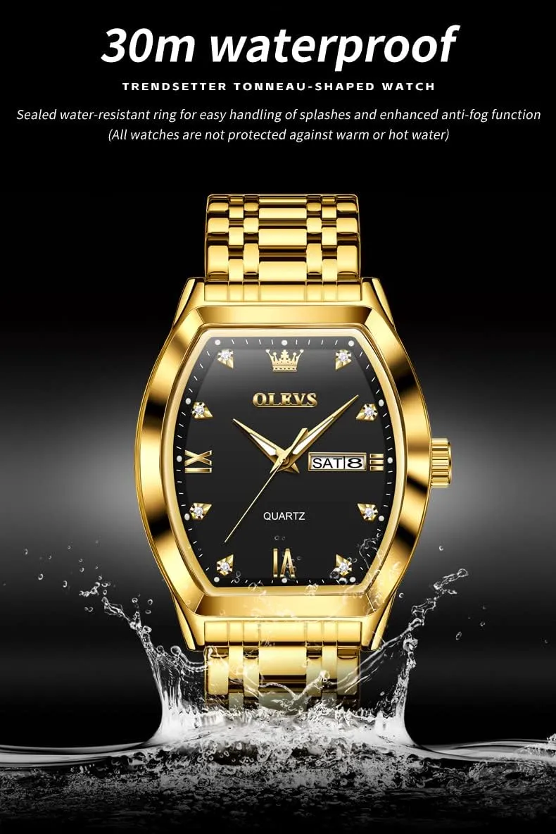 OLEVS Gold Watches for Men Design Diamond Square Tonneau Stainless Steel Waterproof Luminous Unique Luxury Business Day Date Wrist Watches Mens