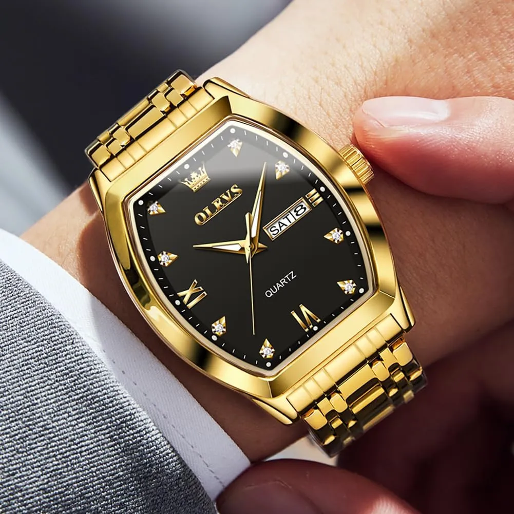 OLEVS Gold Watches for Men Design Diamond Square Tonneau Stainless Steel Waterproof Luminous Unique Luxury Business Day Date Wrist Watches Mens