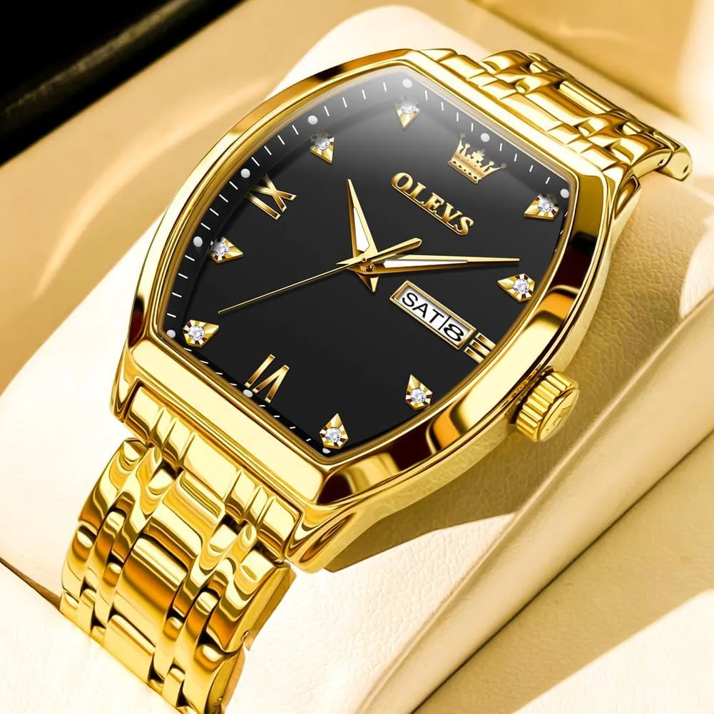 OLEVS Gold Watches for Men Design Diamond Square Tonneau Stainless Steel Waterproof Luminous Unique Luxury Business Day Date Wrist Watches Mens
