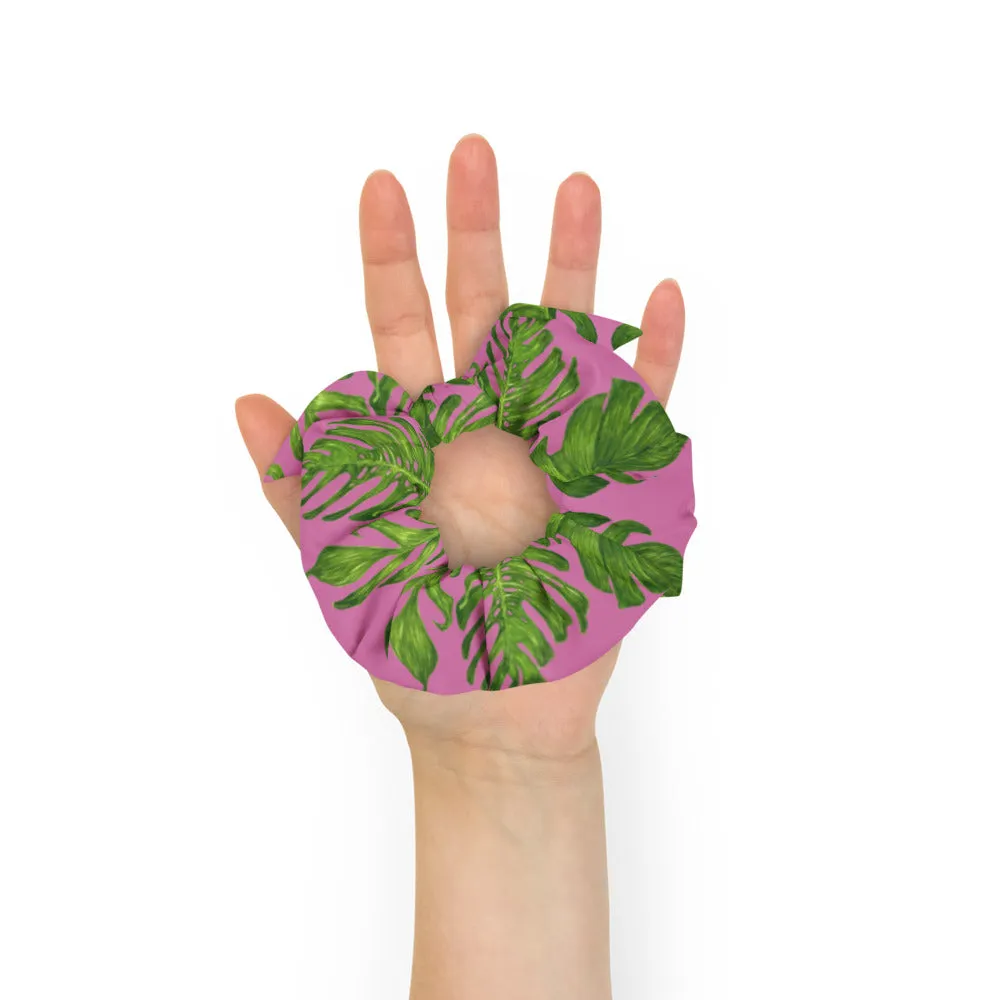 Pink Green Tropical Scrunchie, Hawaiian Style Tropical Leaves Print Hair Tie Accessories - Made in  USA/EU