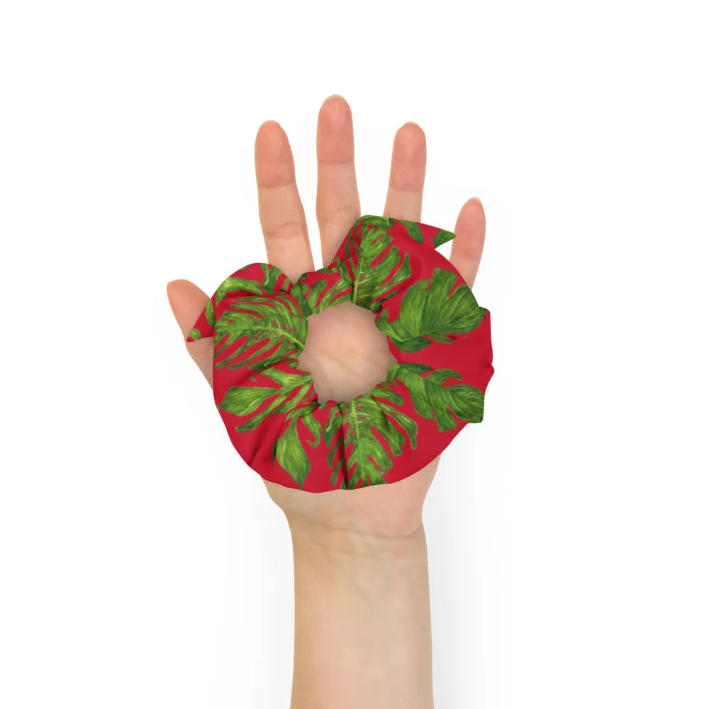 Red Tropical Leaf Scrunchie, Hawaiian Style Tropical Leaves Print Hair Tie Accessories - Made in  USA/EU