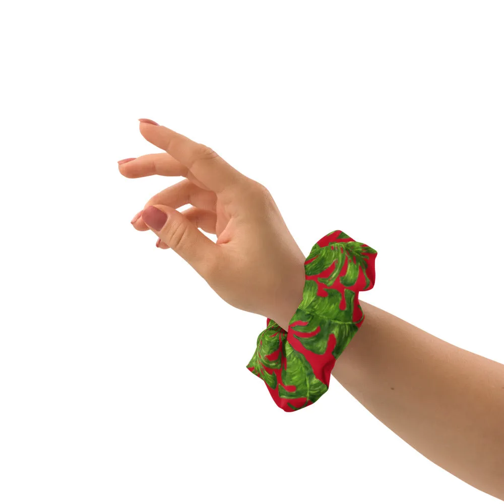 Red Tropical Leaf Scrunchie, Hawaiian Style Tropical Leaves Print Hair Tie Accessories - Made in  USA/EU