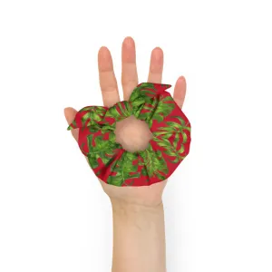 Red Tropical Leaf Scrunchie, Hawaiian Style Tropical Leaves Print Hair Tie Accessories - Made in  USA/EU
