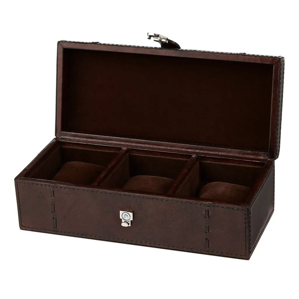 Seconds Leather Watch Box For Three Watches Dark Chocolate Brown