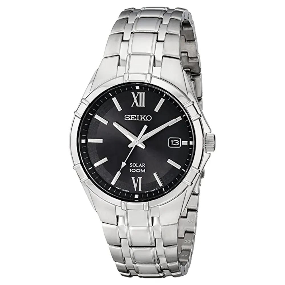 Seiko Mens Classic Black Dial Silver Band Stainless Steel Solar Watch - SNE215