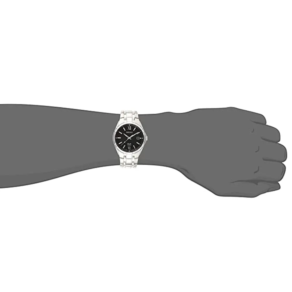 Seiko Mens Classic Black Dial Silver Band Stainless Steel Solar Watch - SNE215