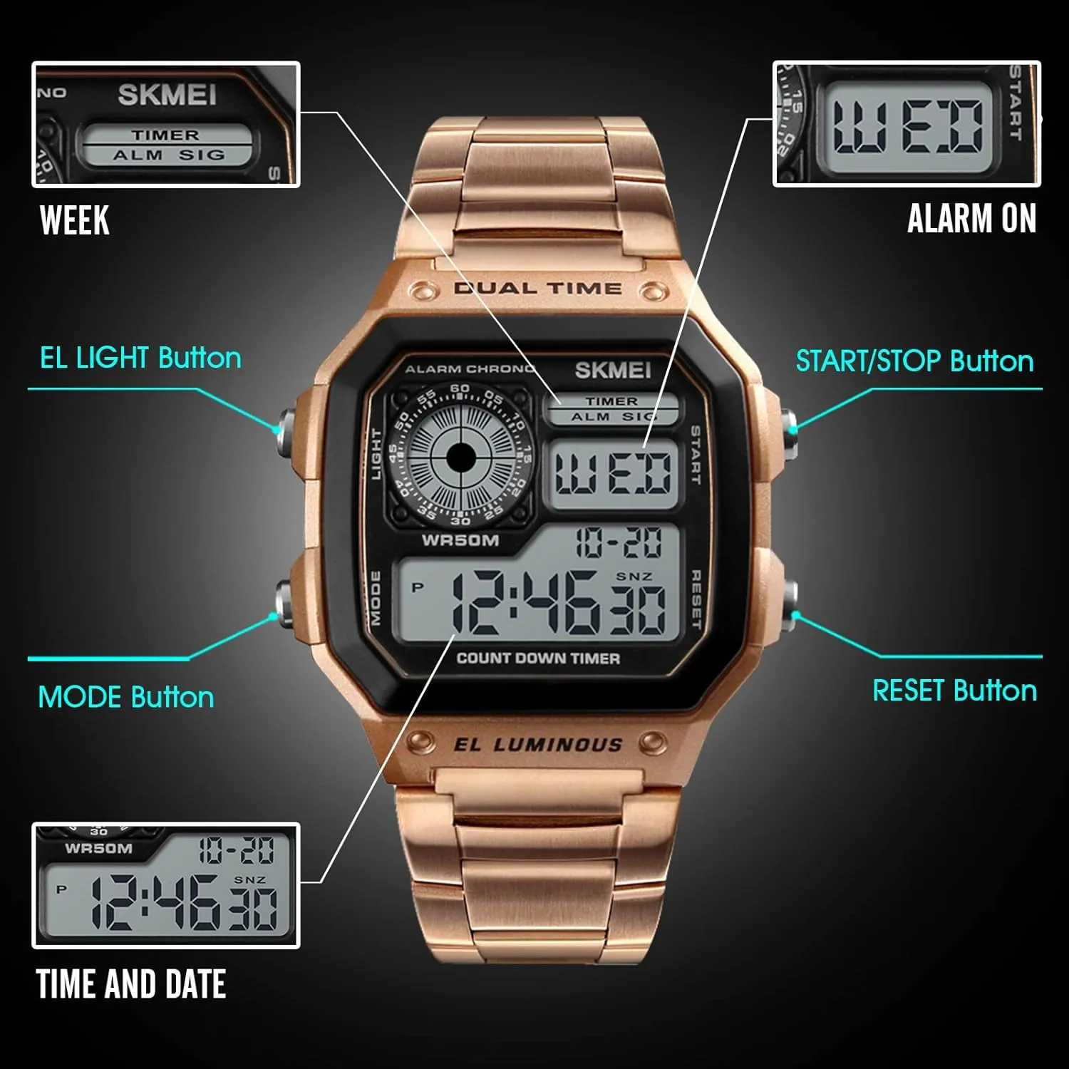 SKMEI Wrist Watch for Men, Digital Sports Waterproof Watch with Dual Time Chronograph Countdown Alarm Backlight