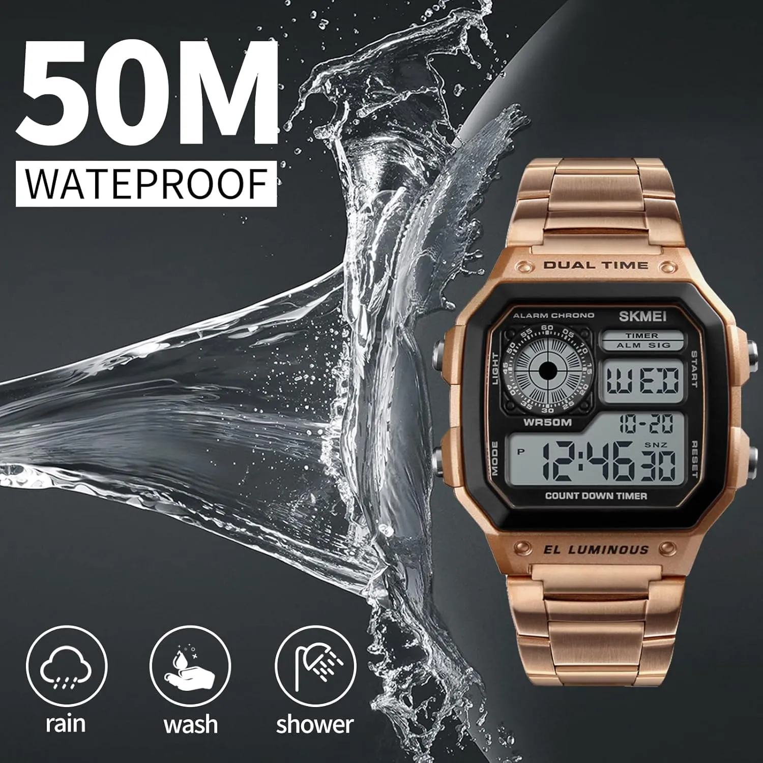 SKMEI Wrist Watch for Men, Digital Sports Waterproof Watch with Dual Time Chronograph Countdown Alarm Backlight