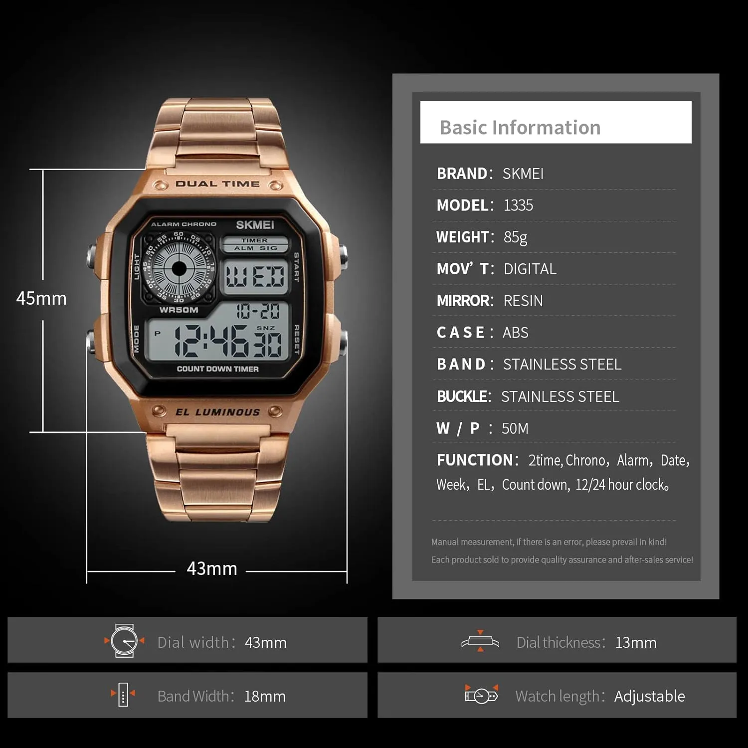 SKMEI Wrist Watch for Men, Digital Sports Waterproof Watch with Dual Time Chronograph Countdown Alarm Backlight