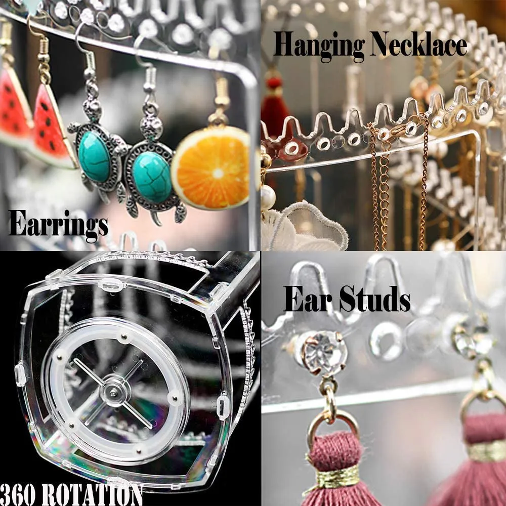 Sooyee 360 Rotating Earring Holder and Jewelry Organizer, 4 Tiers Jewelry Rack Display Classic Stand, 156 Holes and 160 Grooves for Necklaces Earrings Piercings, Clear