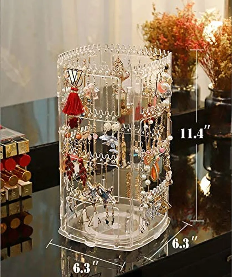Sooyee 360 Rotating Earring Holder and Jewelry Organizer, 4 Tiers Jewelry Rack Display Classic Stand, 156 Holes and 160 Grooves for Necklaces Earrings Piercings, Clear