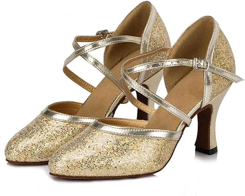 TDA Women's Closed Toe Ankle Strap Glitter Synthetic Tango Latin Modern Dance Wedding Shoes