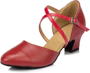 TDA Women's Comfort Ankle Strap Leather Classic Salsa Tango Ballroom Latin Modern Dance Wedding Shoes