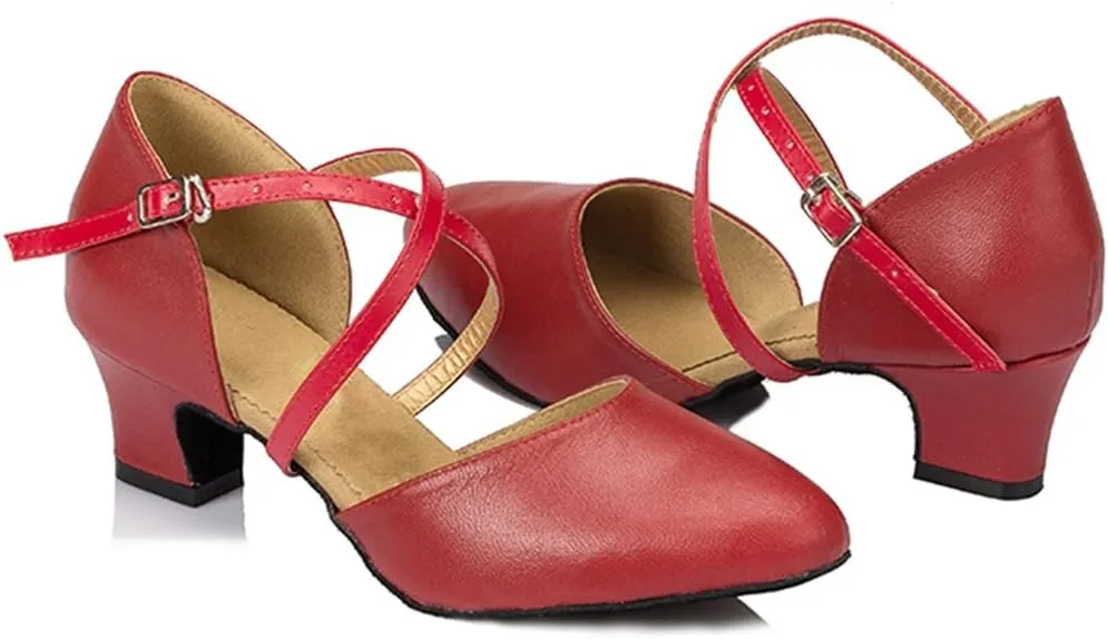 TDA Women's Comfort Ankle Strap Leather Classic Salsa Tango Ballroom Latin Modern Dance Wedding Shoes