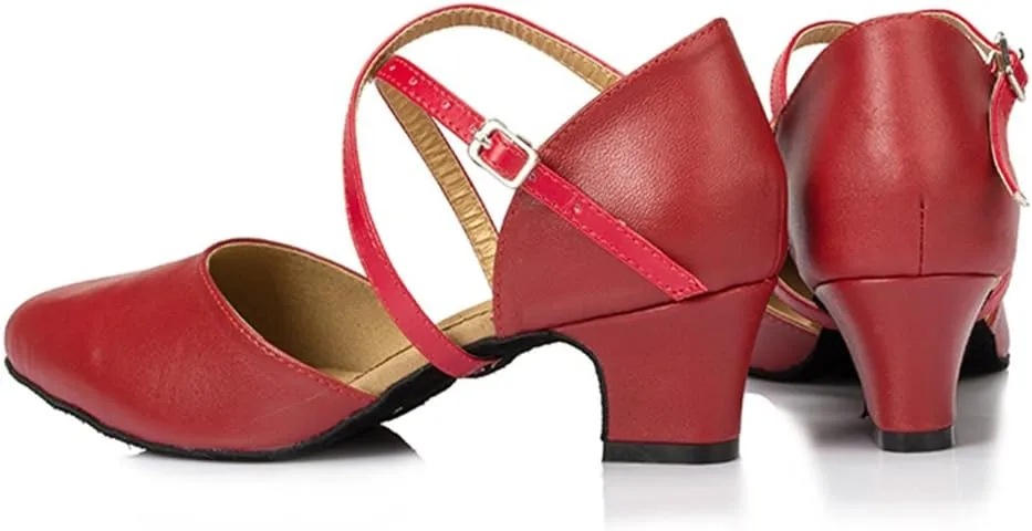 TDA Women's Comfort Ankle Strap Leather Classic Salsa Tango Ballroom Latin Modern Dance Wedding Shoes