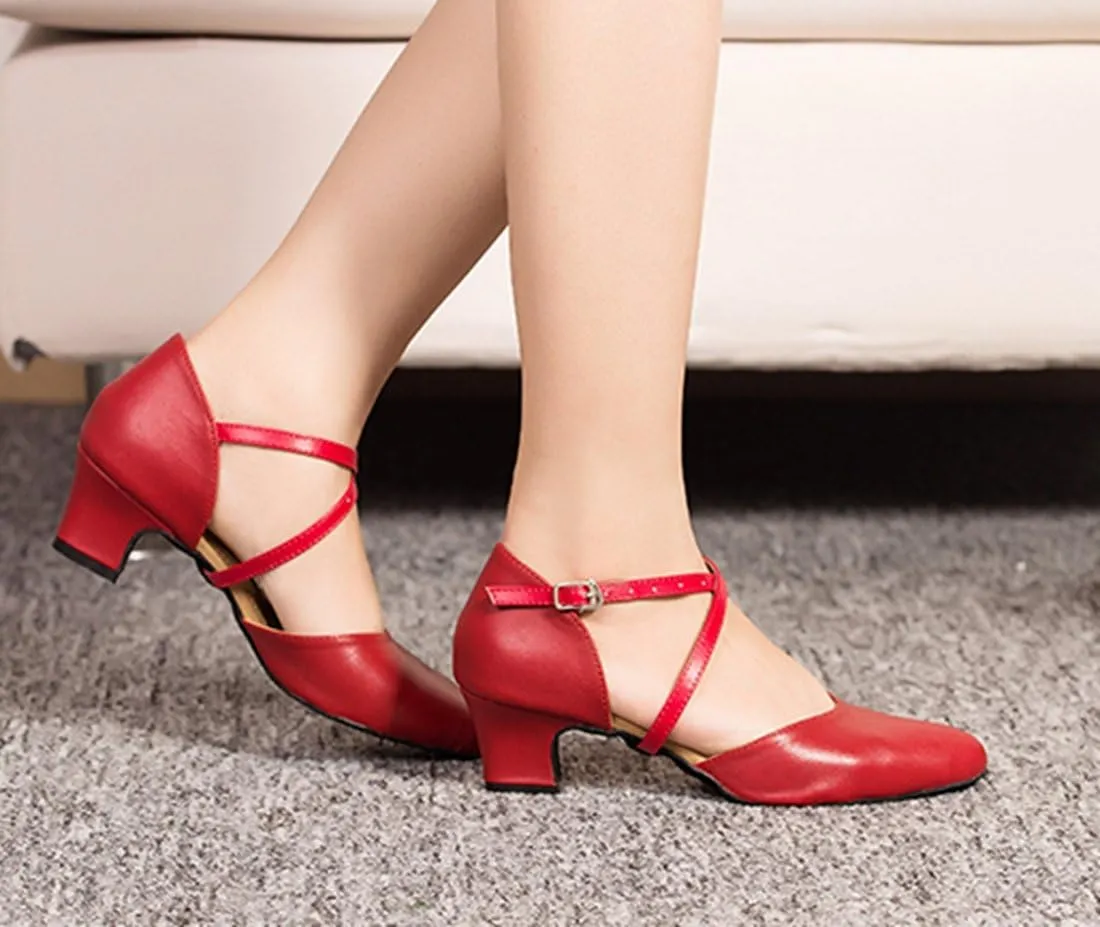 TDA Women's Comfort Ankle Strap Leather Classic Salsa Tango Ballroom Latin Modern Dance Wedding Shoes
